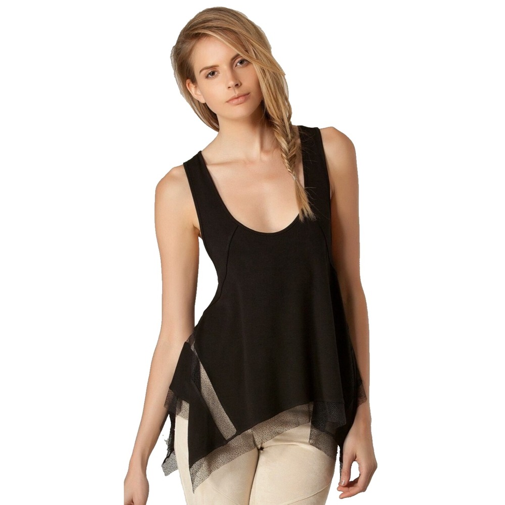 Liberty Garden BOHO Tank Top Womens Large Black Mesh Detail Uneven NWT
